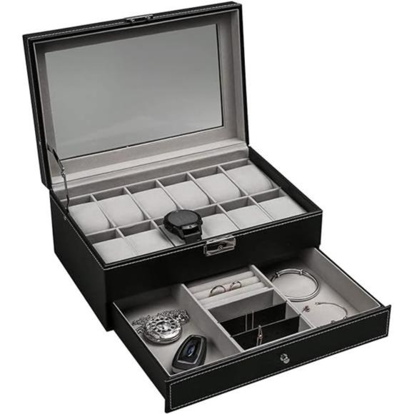 12 Slot PU Leather Lockable Watch Storage Boxes, Men & Women Jewelry Display